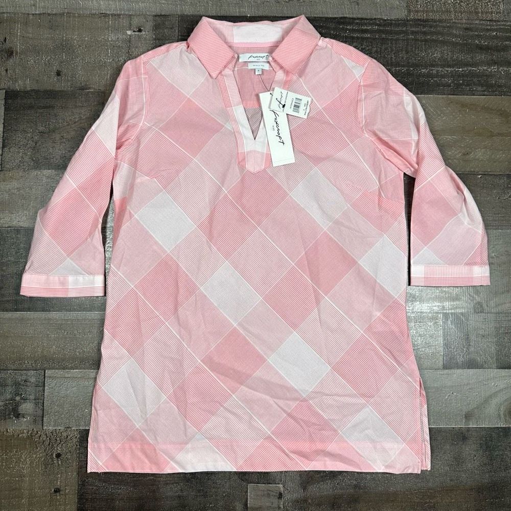 Foxcroft NYC Womens Size 4 Wrinkle Free Tunic Pink Gingham Blouse 3/4 Sleeve NWT